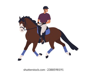 Horse riding. Happy horseman, equestrian on horseback. Horseriding, dressage activity. Smiling excited man rider on stallion, trotting. Flat graphic vector illustration isolated on white background