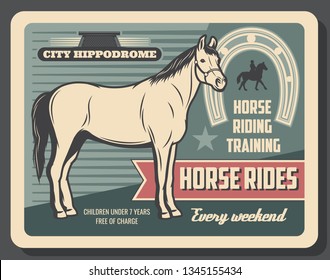 Horse riding and hippodrome, equestrian sport. Vector horse stallion with hooves, horseshoe and horseback, rider silhouette. Racecourse and trainings, competition or tournament