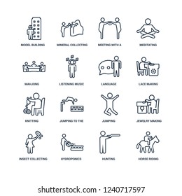 Horse riding, Hunting, Hydroponics, Insect collecting, Jewelry making, Model building, Mahjong, Knitting, Language outline vector icons from 16 set