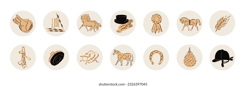 Horse riding icons for equestrian online shop, equine highlight covers for social media, horse sport illustration, outline style