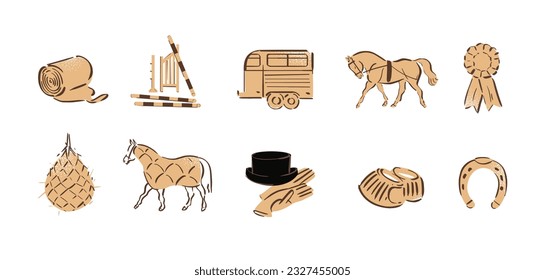 Horse riding icons for equestrian online shop, equine highlight covers for social media, horse sport illustration, outline style