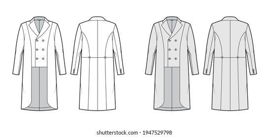 Horse riding jacket tuxedo technical fashion illustration with double breasted, long sleeves, low high hem. Flat show equestrian coat template front, back, white, grey color style. Women, men top CAD