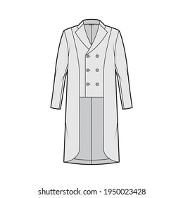 Horse riding jacket tuxedo technical fashion illustration with double breasted, long sleeves, peaked collar, low high hem. Flat show equestrian coat template front grey color style. Women, men top CAD