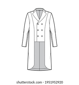 Horse riding jacket tuxedo technical fashion illustration with double breasted, long sleeves, peaked collar, low high hem. Flat show equestrian coat template front, white, color style. Women, men CAD