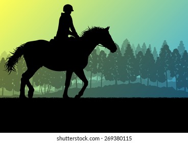 Horse riding landscape vector background freedom concept