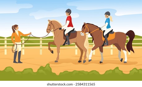 Horse riding lessons. Equestrian sport, jockey training and couple horse ride with riding instructor. Horseback rider school cartoon vector illustration.