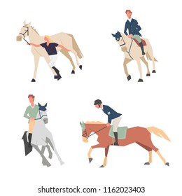 Horse riding lessons. Family equestrian sport training horseback ride. Vector illustration in a flat style.