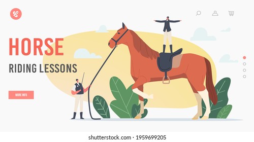 Horse Riding Lessons Landing Page Template. Equestrian Sport Club Training. Tiny Trainer Character Holding Whip and Harness of Huge Purebred Stallion with Jockey. Cartoon People Vector Illustration