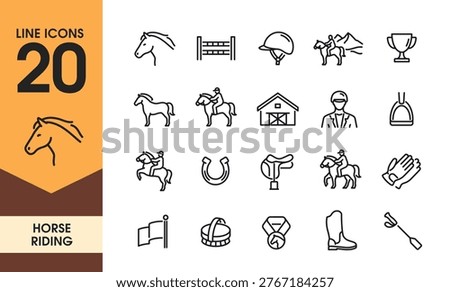 Horse Riding line icon set. Simple symbols with horse, rider, horseshoe, saddle, medal and racing. Editable stroke. Outline hand drawn vector collection isolated on background