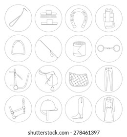 Horse riding linear icons on white background.