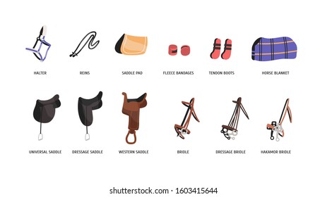 Horse riding outfitting flat vector illustrations set. Saddles, bridles and accessories. Equestrian sport attributes. Horseback riding convenience and safety facilities isolated on white background.