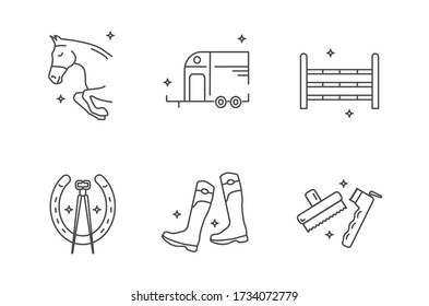 Horse riding outline icon set. Jumping horse. Horse box trailer. Show jumps. Brushes, grooming tools, hoof pick. Boots. Horseshoe, farrier tools. Flat vector equestrian yard stables icons.