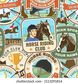 Horse riding patches seamless pattern. Vector. Color equestrian background with rider and horse silhouettes. For polo sport and horse riding pattern background or wallpaper.