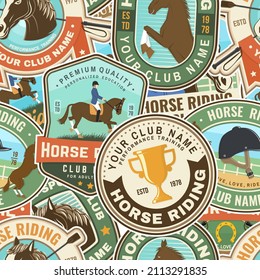 Horse riding patches seamless pattern. Vector. Color equestrian background with rider and horse silhouettes. For polo sport and horse riding pattern background or wallpaper.