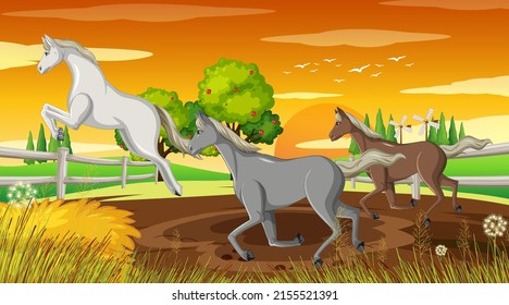 Horse riding scene with horses running illustration
