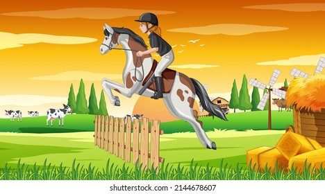 Horse riding scene with jockey and horse illustration