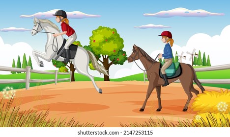 Horse riding scene with jockey and horse illustration