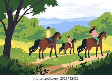 Horse riding in scenic nature trail. Three people riding horses on a dirt path surrounded by lush green trees and hills under a clear sky