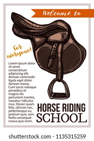 Horse riding school vector hand drawn poster. Sketch illustration with saddle