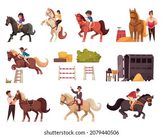 Horse riding set with sport and entertainment symbols flat isolated vector illustration