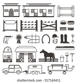  Horse Riding set. Horse stable, transporter, box, barn. Fence with gate and show jumping set