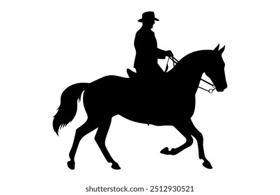 Horse Riding Silhouette Clipart isolated on a white background, Cowboy on Horse Vector black Silhouette