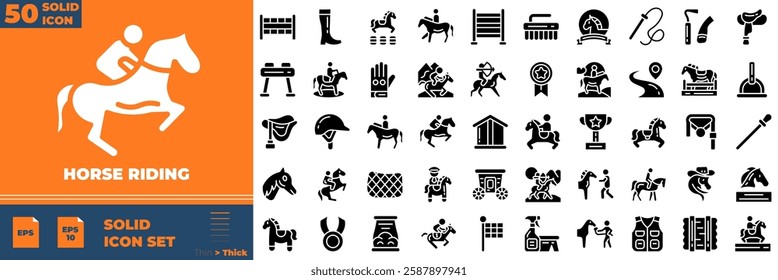 Horse Riding Solid Editable Icons set. Vector illustration in modern thin solid style of horese riding icons: Horse riding, racing, horseshoe, medal, etc