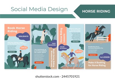 Horse riding sport booking at social media post. Book ride training online promo, vector illustration. Flat jockey man woman character at stories design collection