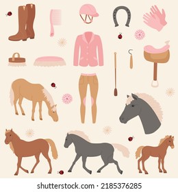 Horse riding sport clip art collection. Horses and equipment. Vector illustration.