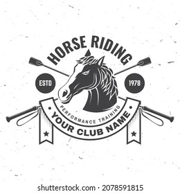 Horse riding sport club badges, patches, emblem, logo. Vector illustration. Vintage monochrome equestrian label with horse head, riding crop silhouettes. Horseback riding sport. Concept for shirt or