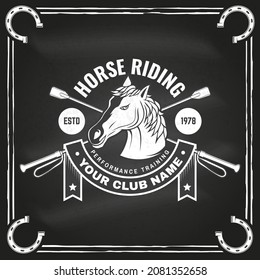Horse riding sport club badges, patches, emblem, logo. Vector illustration. Vintage monochrome equestrian label with horse head, riding crop silhouettes. Horseback riding sport. Concept for shirt or