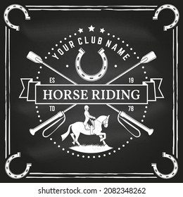 Horse riding sport club badges, patches, emblem, logo. Vector illustration. Vintage monochrome equestrian label with rider and horse silhouettes. Horseback riding sport. Concept for shirt or logo