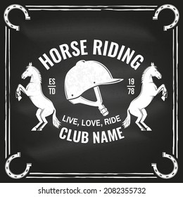 Horse riding sport club badges, patches, emblem, logo. Vector illustration. Vintage monochrome equestrian label with helmet and horse silhouettes. Horseback riding sport. Concept for shirt or logo