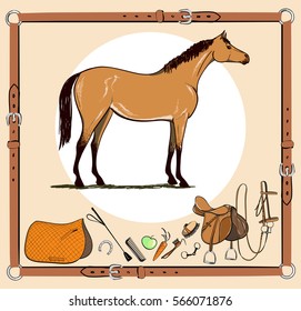 Horse And Riding Tack Tools In Leather Belt Frame. Bridle, Saddle, Stirrup, Brush, Bit, Harness, Supplies, Whip Equine Harness Equipments. Hand Drawing Cartoon Vector Equestrian Sport Background.