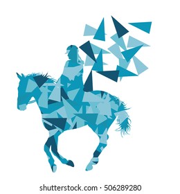 Horse riding vector background abstract illustration concept made of polygon fragments isolated on white
