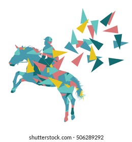 Horse riding vector background abstract illustration concept made of polygon fragments isolated on white