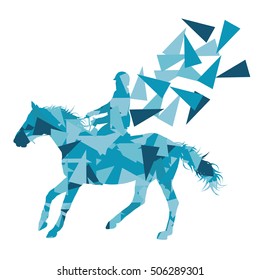 Horse riding vector background abstract illustration concept made of polygon fragments isolated on white