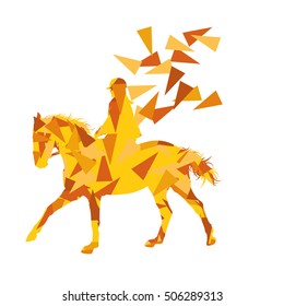 Horse riding vector background abstract illustration concept made of polygon fragments isolated on white
