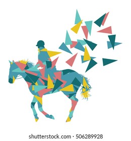 Horse riding vector background abstract illustration concept made of polygon fragments isolated on white