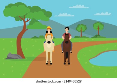 Horse riding vector concept. Romantic couple riding horse at the park while enjoying leisure time together