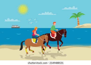 Horse riding vector concept. Young couple riding horse on the beach while enjoying leisure time together