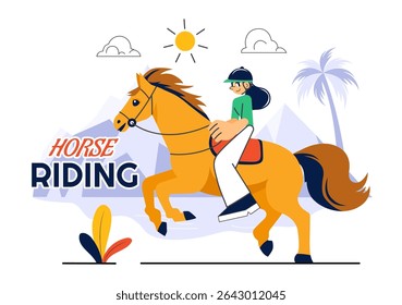 Horse Riding Vector Illustration Featuring Practicing Horseback Riding or Equestrian Sports in a Green Field with Flat Style Cartoon Background