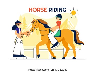 Horse Riding Vector Illustration Featuring Practicing Horseback Riding or Equestrian Sports in a Green Field with Flat Style Cartoon Background
