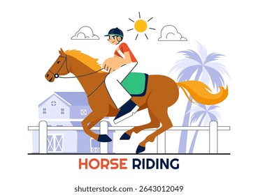 Horse Riding Vector Illustration Featuring Practicing Horseback Riding or Equestrian Sports in a Green Field with Flat Style Cartoon Background