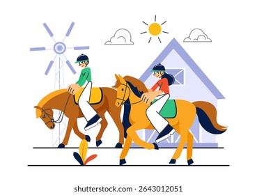 Horse Riding Vector Illustration Featuring Practicing Horseback Riding or Equestrian Sports in a Green Field with Flat Style Cartoon Background