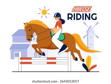 Horse Riding Vector Illustration Featuring Practicing Horseback Riding or Equestrian Sports in a Green Field with Flat Style Cartoon Background