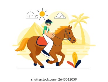 Horse Riding Vector Illustration Featuring Practicing Horseback Riding or Equestrian Sports in a Green Field with Flat Style Cartoon Background