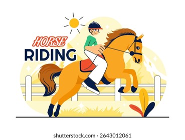 Horse Riding Vector Illustration Featuring Practicing Horseback Riding or Equestrian Sports in a Green Field with Flat Style Cartoon Background