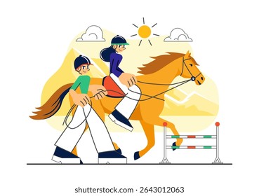 Horse Riding Vector Illustration Featuring Practicing Horseback Riding or Equestrian Sports in a Green Field with Flat Style Cartoon Background