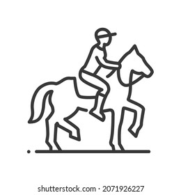 Horse riding - vector line design single isolated icon on white background. High quality black pictogram. Jockey wearing uniform. People and animals, leisure, hobbies, good time concept